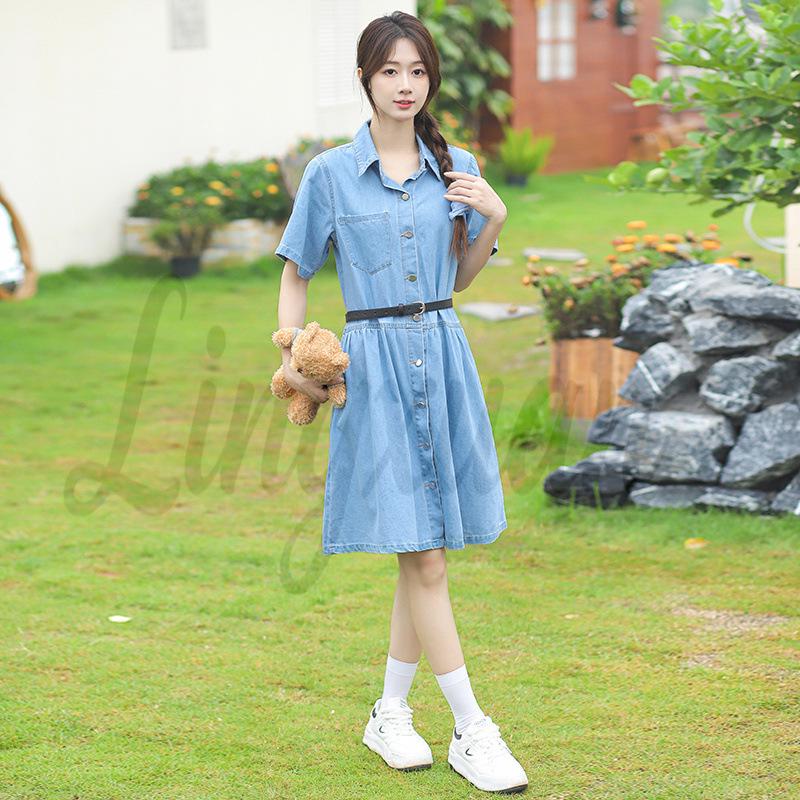 2026 European & American Washed Denim Ruffle Slimming Dress with Lapel L