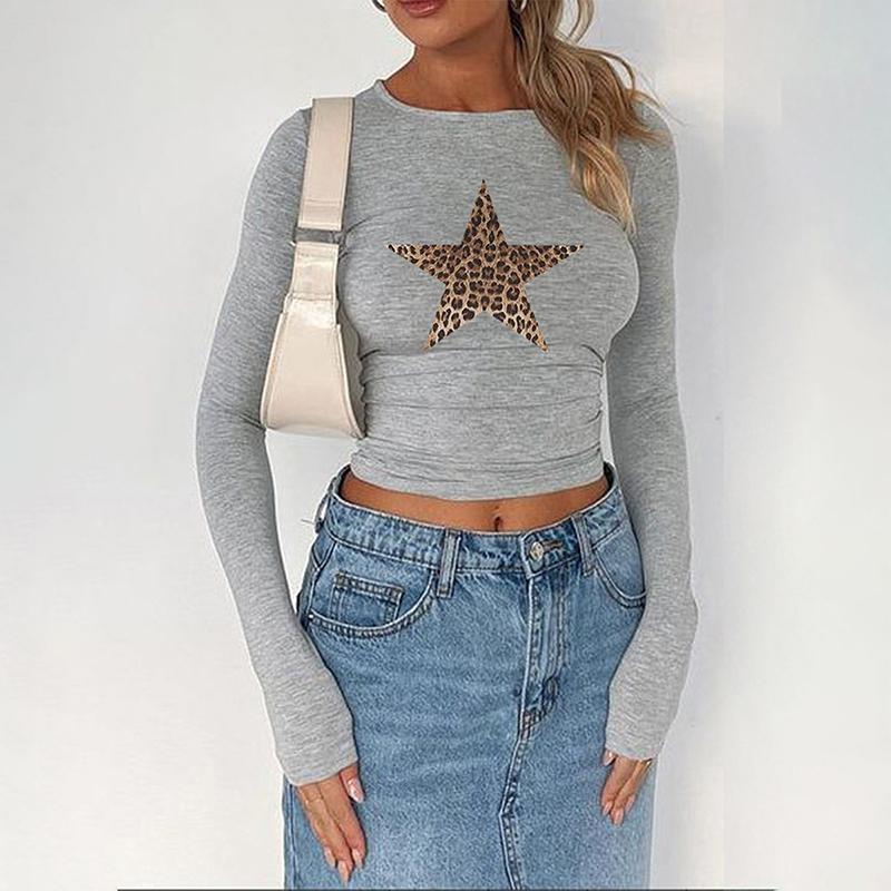 Y2K Ladies Autumn Winter Long Sleeve O Neck Leopard Star Printed Slim Fit Pullover T Shirt Crop Top