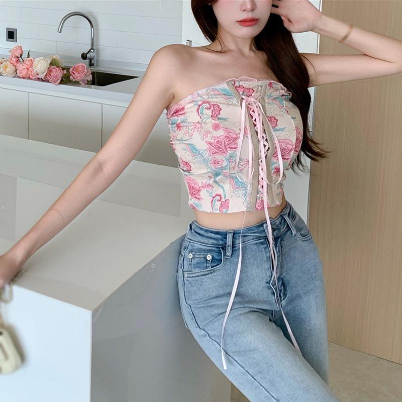 Fariy Floral Party Sexy Strapless Tops Women Off Shoulder Elegant Chic Slim Camisole Female Korean Fashion Casual Tank Tops New