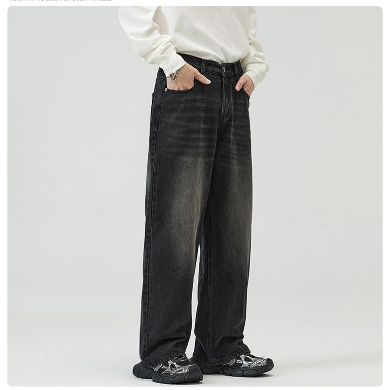 Simple Men's Denim Pants Casual Washing Solid Color Menswear Bottom Middle Waist Straight Wide Leg Loose Male Jeans 2025 Spring Autumn
