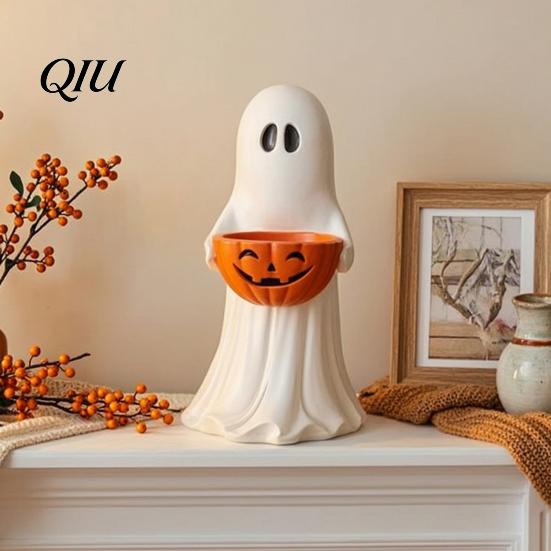 Holiday Party Buffet Tableware Resin Ghost Statue with Pumpkin Candy Bowl, Cute Figurine, Trick Spooky Season Entryway Accents or Treat Holder