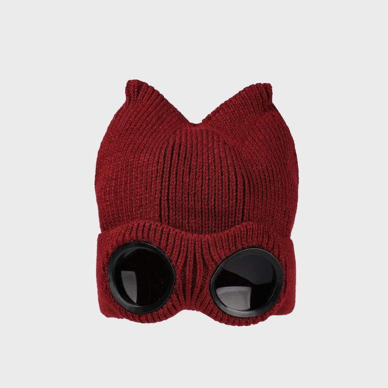 

Зимняя вязаная шапка женская уличная толстая с защитой ушей теплая шапка мультяшные очки шерстяная шапка красный