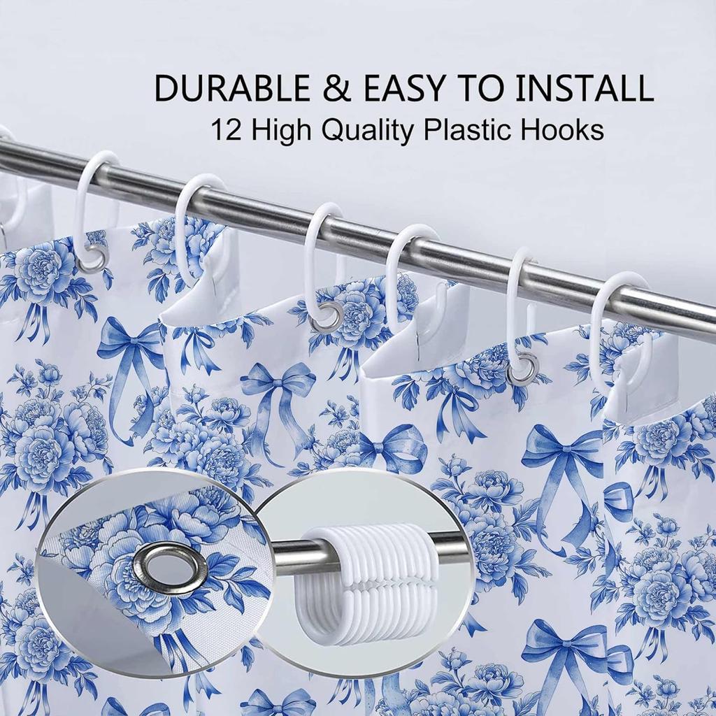 Floral Shower Curtain, Vintage Blue Bow Floral Aesthetic Bathroom Decor Curta, Modern Chinoiserie Vintage Peony Shower Curtain Set with Hooks,