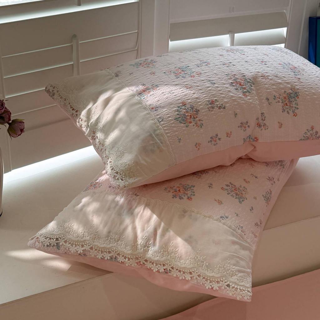 French-Inspired Floral Cotton Puff Lace Trim Bedding Set, 4-Piece Sheet and 3-Piece Duvet Cover