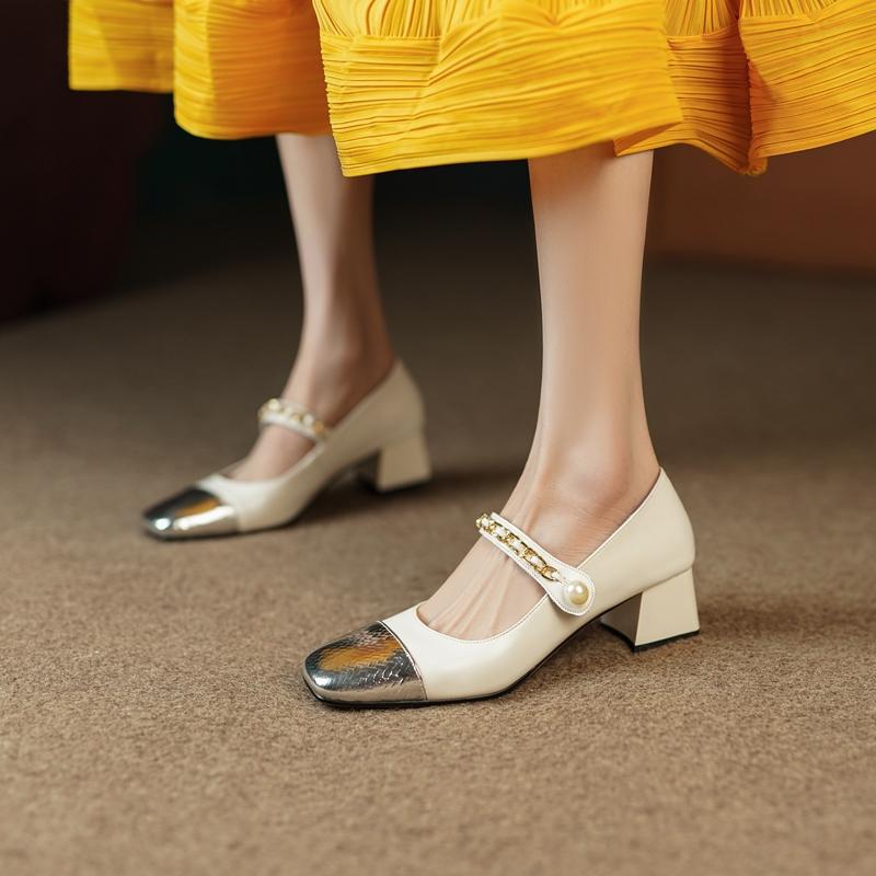 Fashion Women's new cowhide color blocked metal accessory pearl belt buckle square toe mid heel plus size Mary Jane single shoe