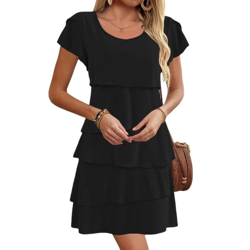Women's Short Sleeve Crew Neck Ruffle Tiered Layered Flowys Swing Long Midi Dress Summer Dresses Casual Loose Dresses