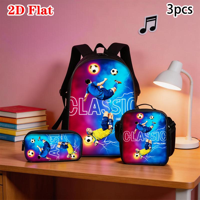 Ensemble de 3 sacs à dos légers et spacieux avec impression de joueur de football, adaptés à un usage quotidien, à l'école, et aux voyages.