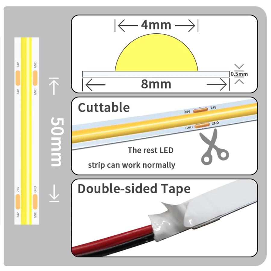 Dimmable DC 24V 12V COB LED Strip Lights 8mm 320LEDs/M Flexible LED Tape Ribbon for Room Decor 3000K 4000K 6000K 10M 5M 3M 2M 1M