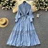 Harajuku Stand Collar Lantern Sleeve Lace Mujer Lace Up Mid-length French Style Dresses Patchwork Hollow Out Robe