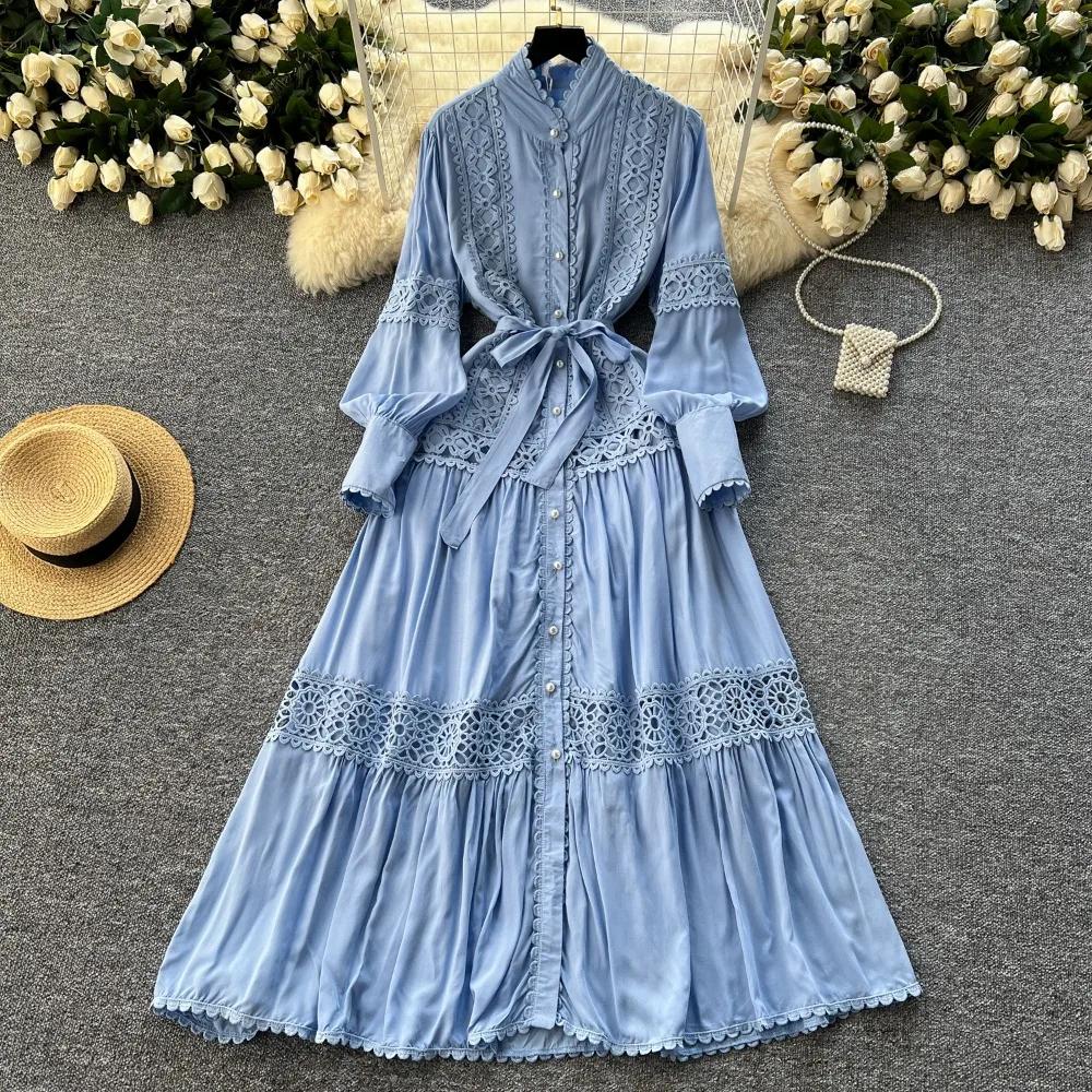 Harajuku Stand Collar Lantern Sleeve Lace Mujer Lace Up Mid-length French Style Dresses Patchwork Hollow Out Robe