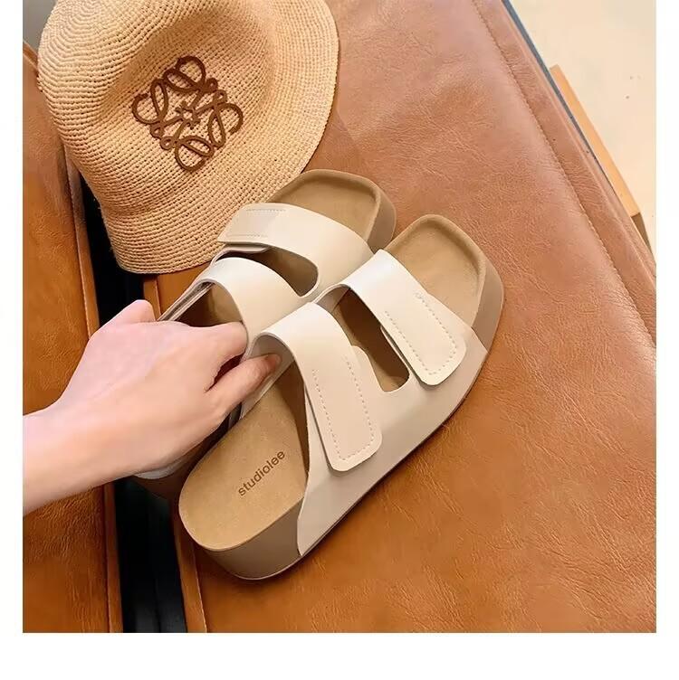 2025 New Summer Retro Leather Platform Slippers Women's Casual Soft Bottom Drag One-word Casual Non-slip Versatile
