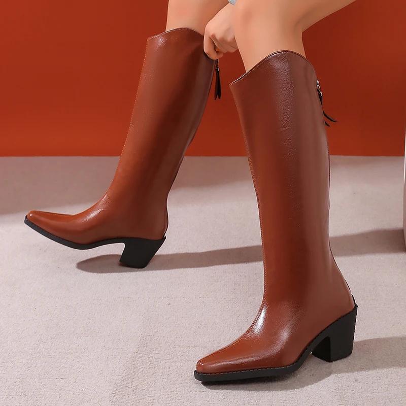 

Модные винтажные ботинки на платформе с массивным каблуком в западном стиле, женские ботинки-комбаты с острым носком, длинные ботильоны, большой размер 43, обувь на молнии, ботинки 36 коричневый