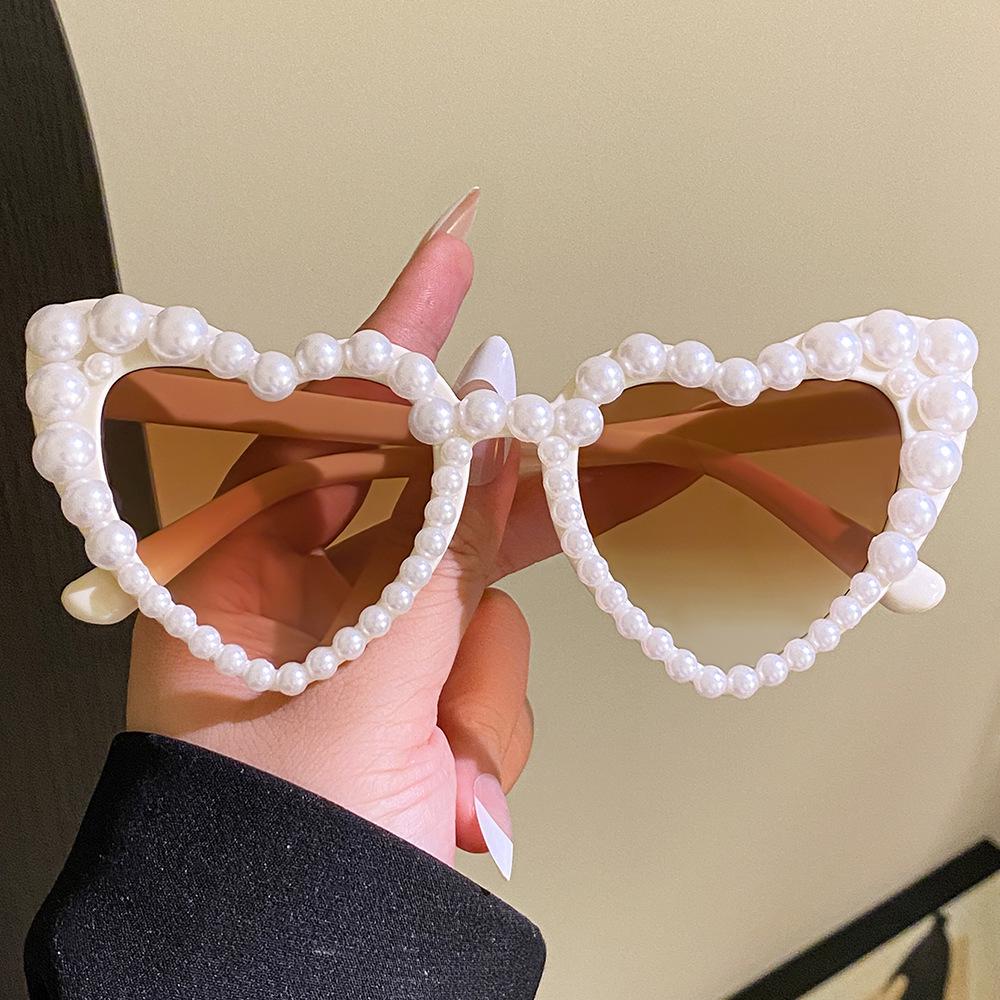 Heart-Shaped Exaggerated Party Sunglasses with Pearls - Handmade Fashion for Women