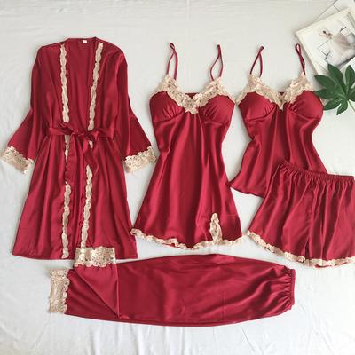 Women Pj Set 5 PCS Satin Pajamas Set for Women Silky Polyster Fabric Breathable and Smooth Pyjamas Set