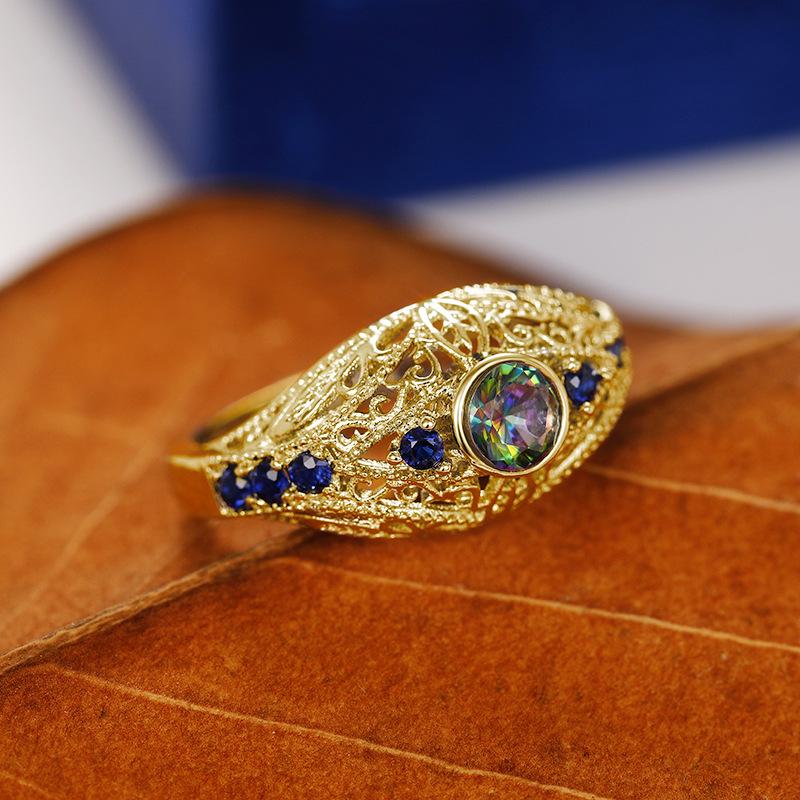 Wind Hollow Engraved With Colorful Glass Diamonds Retro Ring, Jewelry