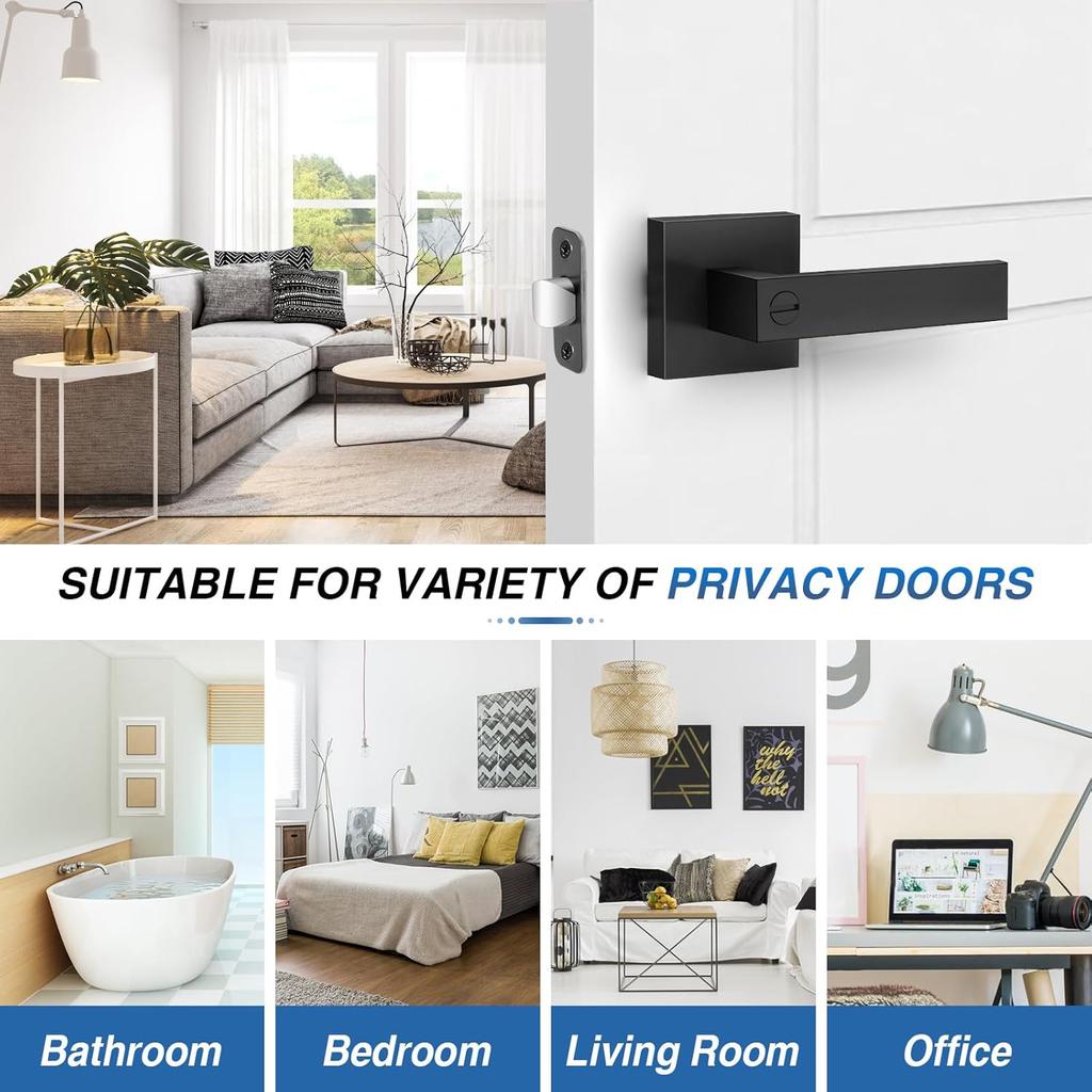 Black Door Handles Interior Door Knobs, Keyless Privacy Door Lock, Heavy Duty Zinc Alloy Door Leverset for Bedrooms Bathrooms