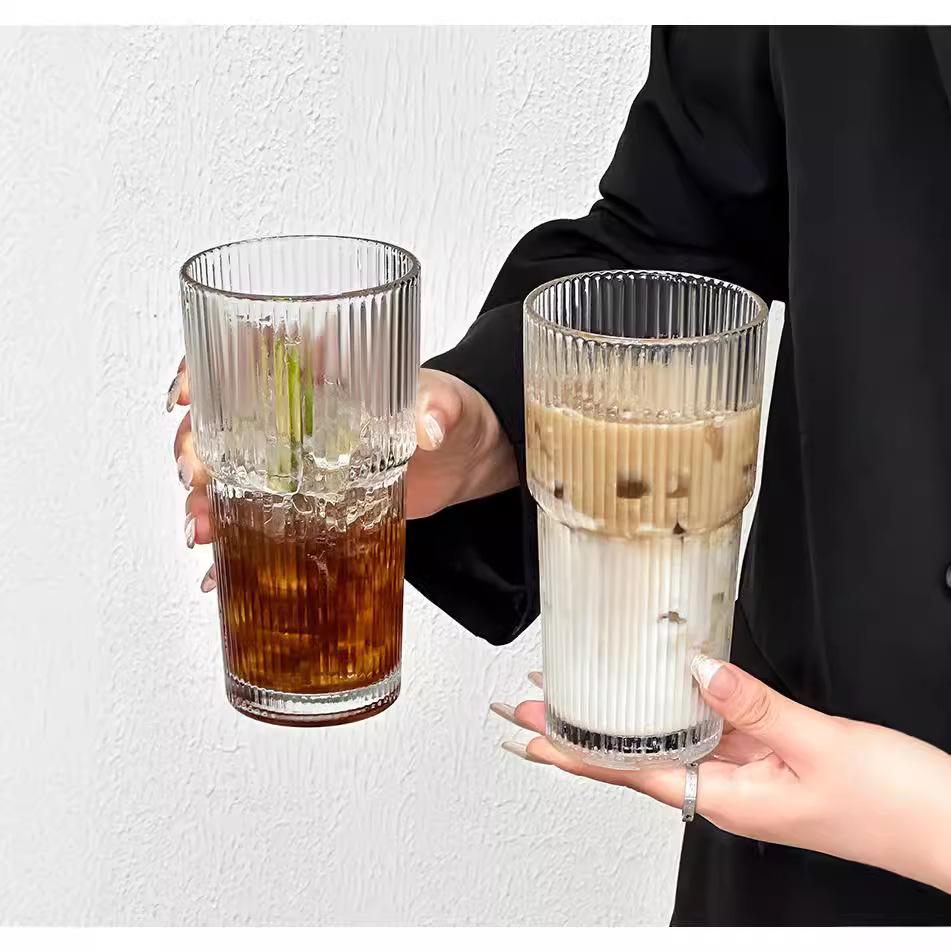 20oz Bamboo Glass Cup with Vertical Stripes and Lid