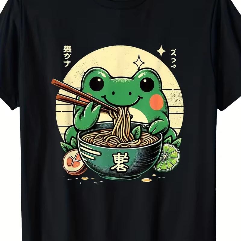 Kawaii Frog Eating Ramen T-Shirt – Cute Neko Japanese Noodles Anime Lovers Graphic Tee for Men Women Unisex Casual Black T-Shirt