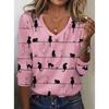 Ladies' Casual V-neck Long Sleeved Cartoon Portrait Contrasting Printed Semi Transparent Top