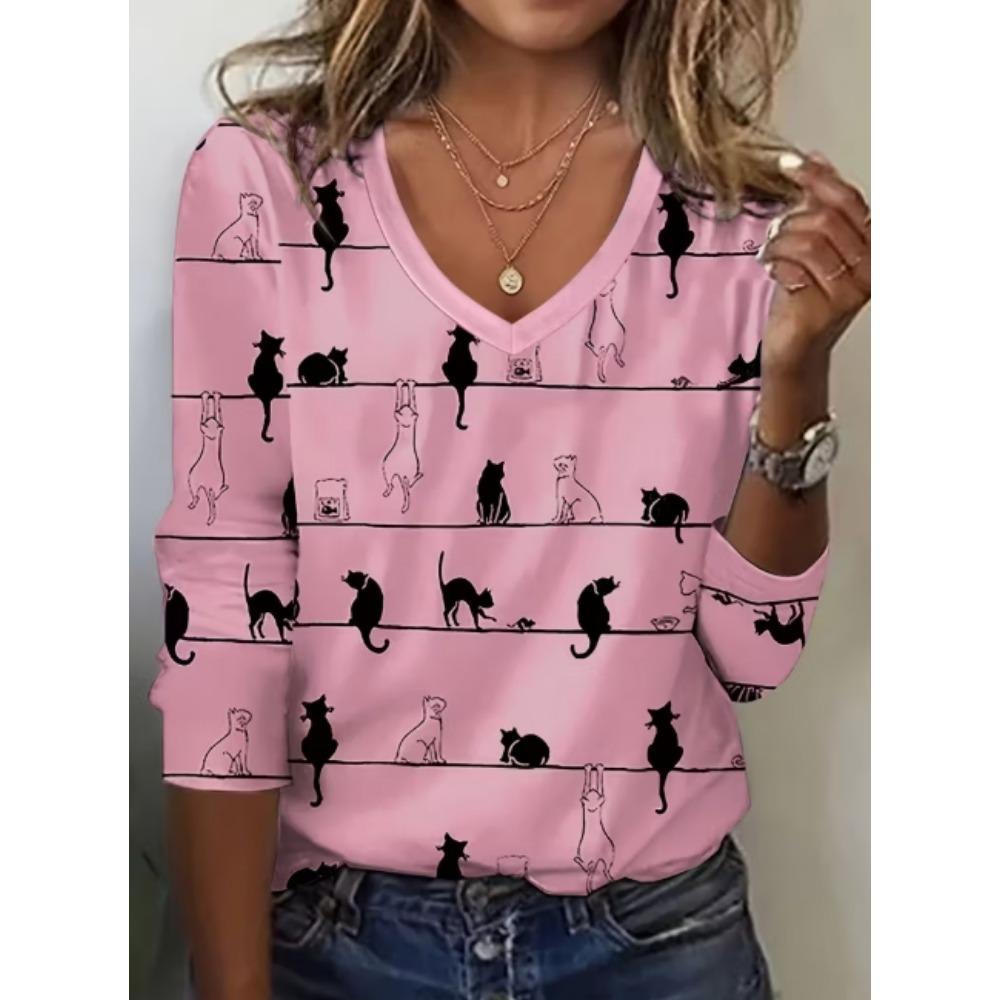 Ladies' Casual V-neck Long Sleeved Cartoon Portrait Contrasting Printed Semi Transparent Top