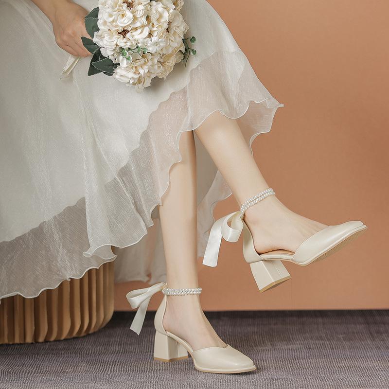 Fashion Rear Rbbion Bow High Heels Woman Ankle Pearl Beading Sandals 2025 Square Toe Pumps Ladies Office Dress Mary Janes Wedges Tacones