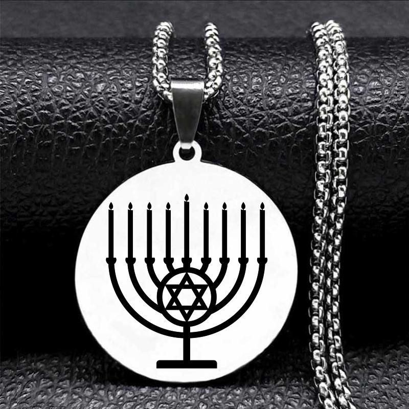

Иудаика Израиль лампа Ханука Менора ожерелье для женщин и мужчин из нержавеющей стали серебряного цвета Звезда Давида ожерелье ювелирные изделия