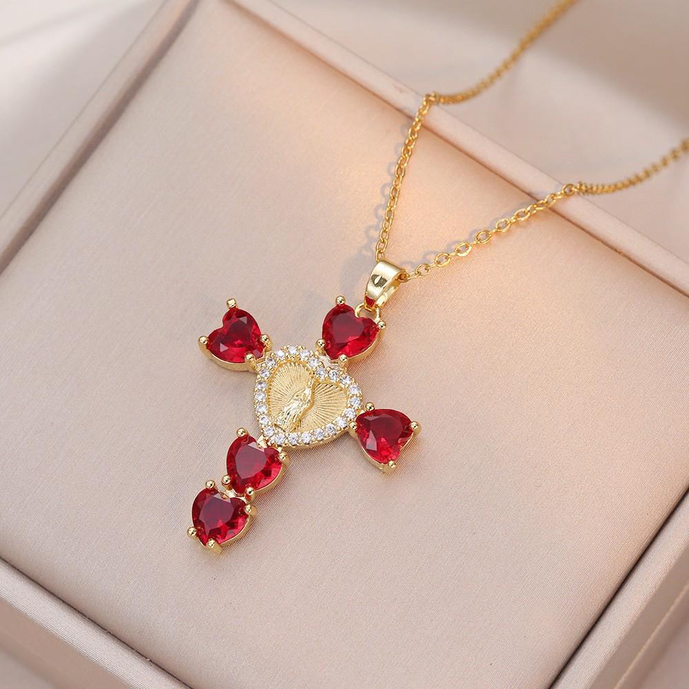Damen Bunte Zirkon Kreuz Halskette - Nischendesign mit Voll-Diamant-Anhänger an Edelstahlkette