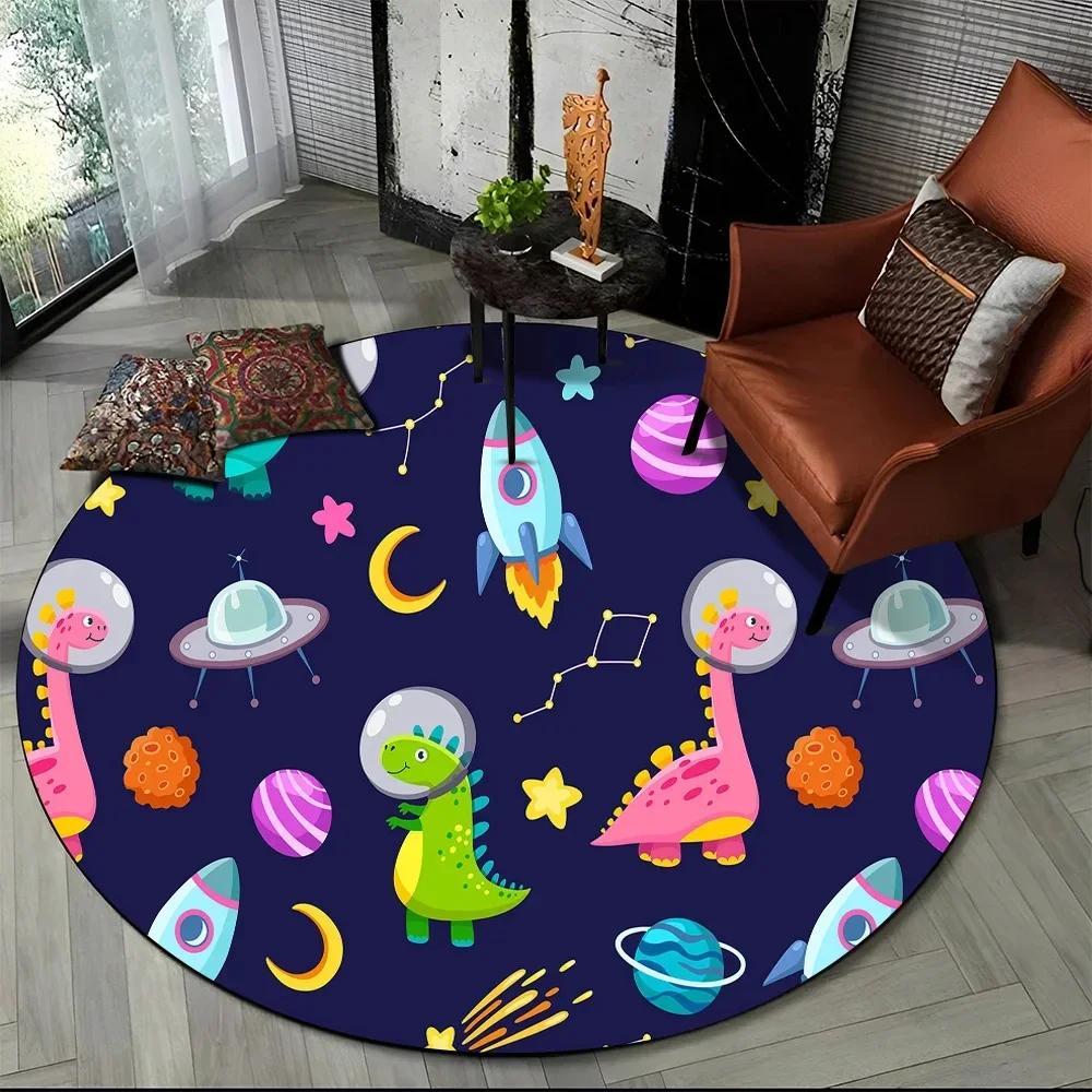 Cartoon Dinosaur Round Carpet Outer Space Cute Dino Area Rug for Living Room Bedroom Sofa Decor Non-slip Children's Crawling Mat