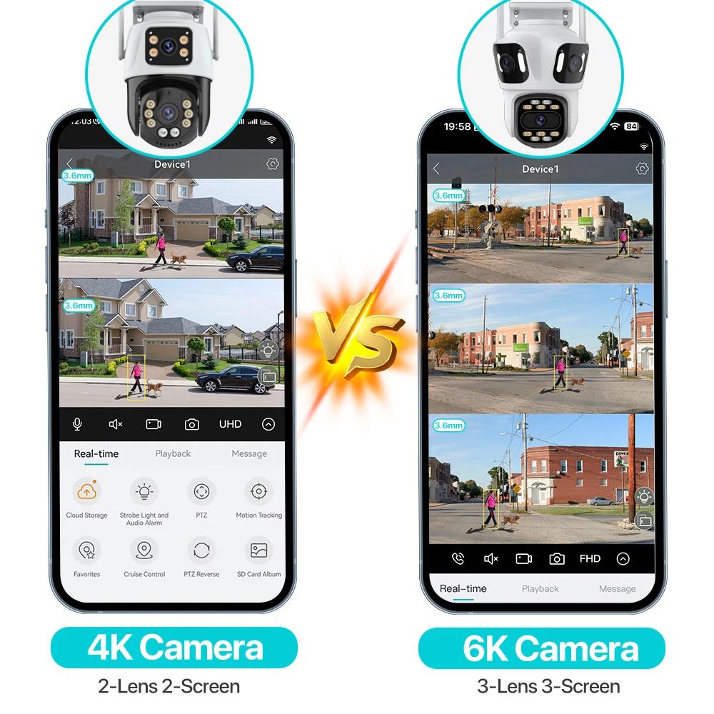 IP Camera 6K HD Three Screen External WiFi Camera Outdoor 4K Dual Lens Auto Tracking Security PTZ Cam Video Surveillance iCsee