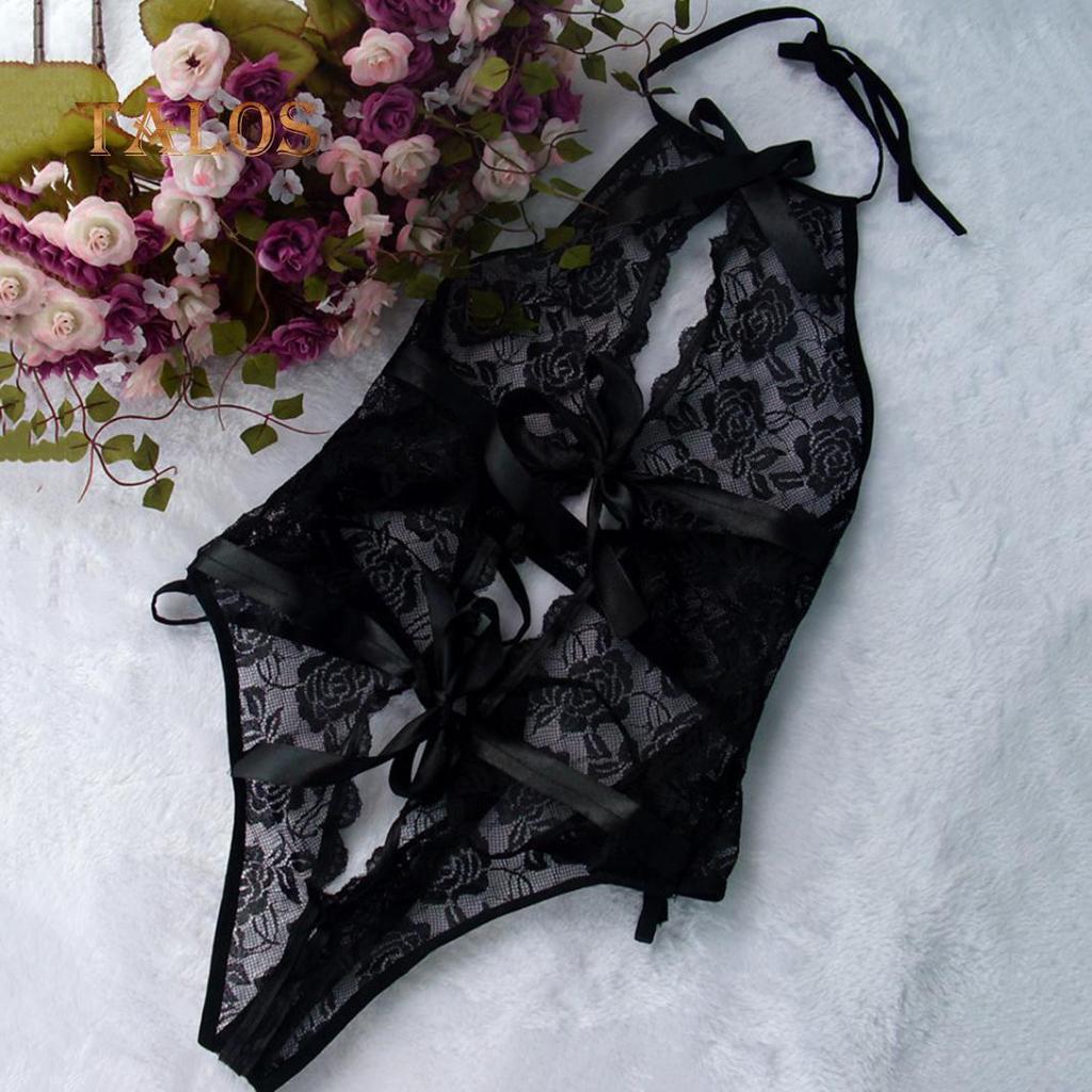 Halter Lace Bowknot Women Sexy See-through Erotic Sleepwear Underwear Bodysuit Beauty
