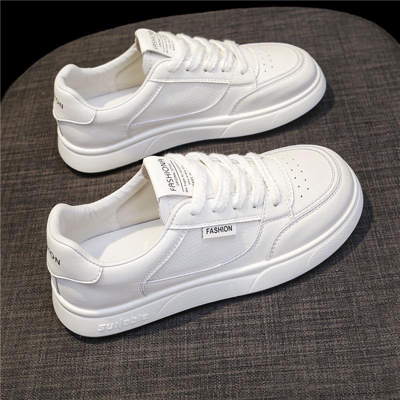 Women's Versatile Thick-Soled White Leather Sneakers for Spring & Autumn - Casual Sports & Skate Shoes