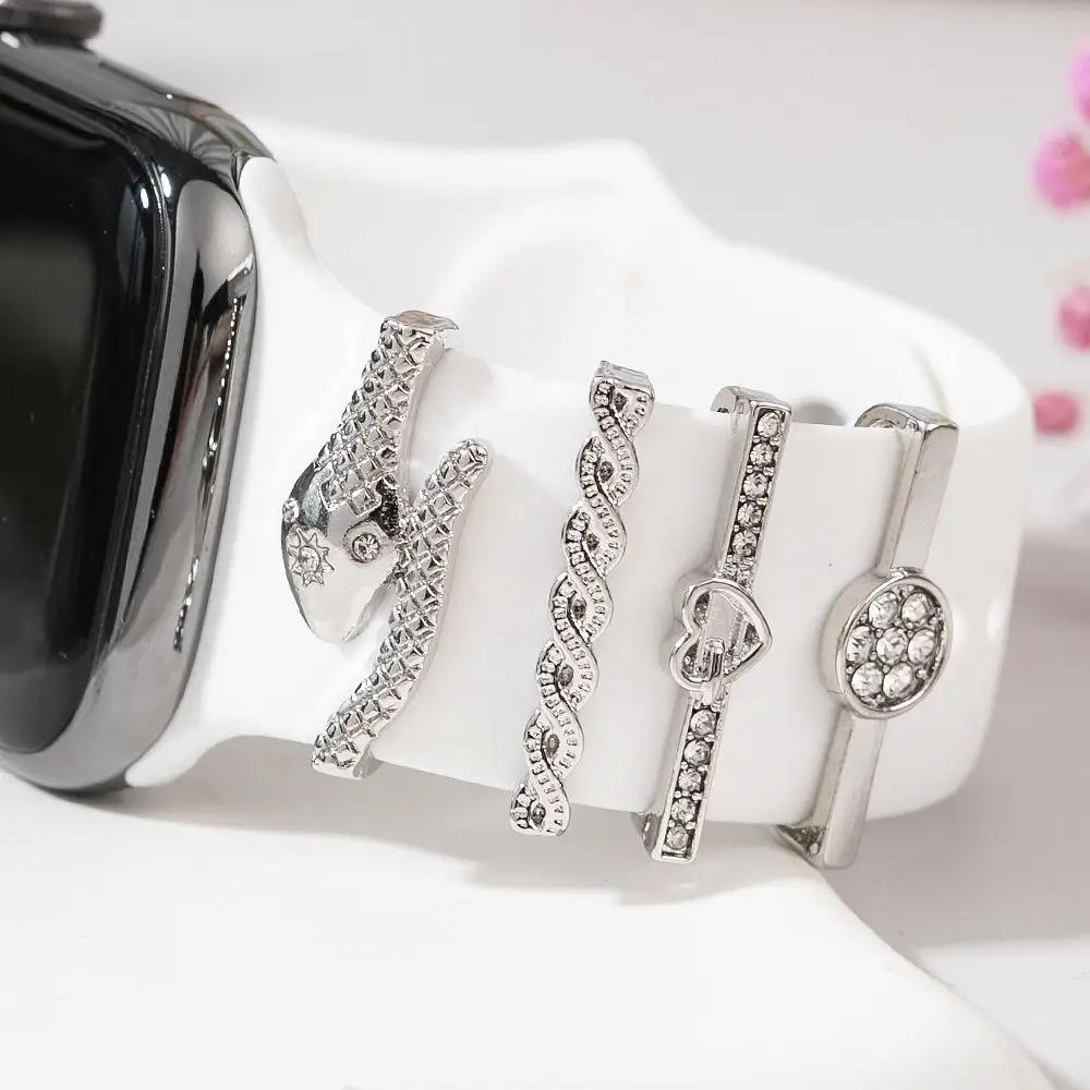 4Pcs Watch Band Ornament for Apple Watch Band Fashion Flower Heart-shaped Decor Ring for Iwatch Strap Accessory Wristbelt Charms