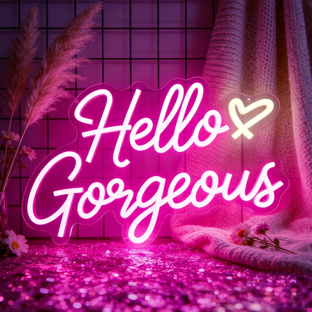 Hello Gorgeous Neon Signs for Wall Decor, Hello Beautiful Lights for Girls Bedroom, Makeup Room Decor, Wedding, Birthday Party