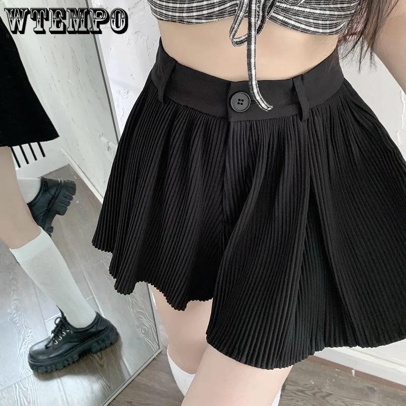 WTEMPO Female Summer Solid A-line Pleated Skirts Women's Elegant Elastic High Waist Slim Casual Wide Leg Black Shorts Skirt