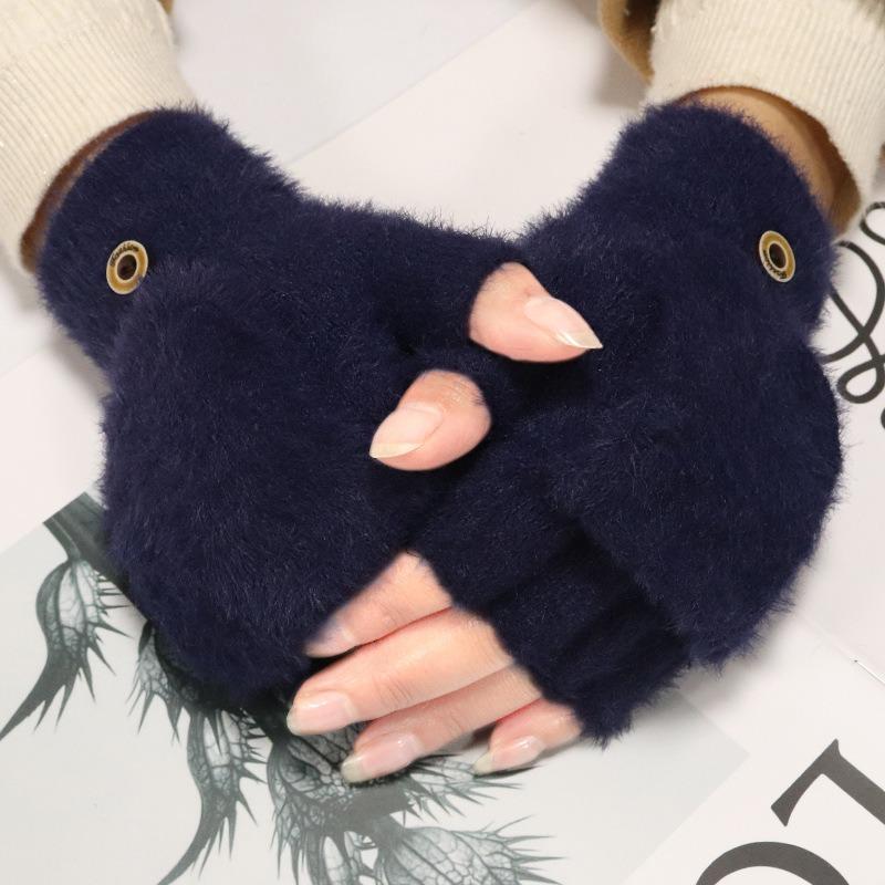 Women's winter warm plush gloves student finger-exposed flip gloves outdoor gloves thickened and cold-proof
