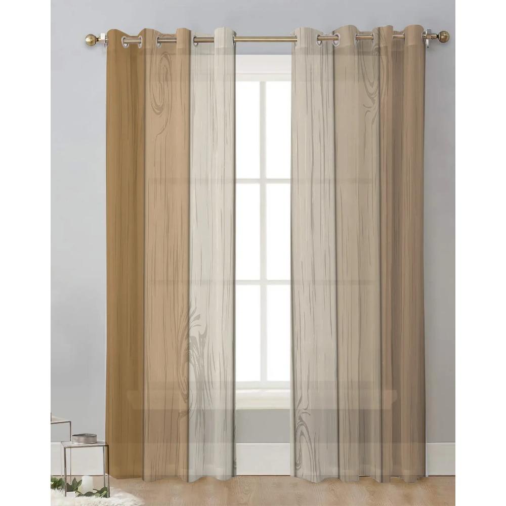 Vintage Khaki Brown Gradual Wood Grain Sheer Curtains for Living Room Decoration Window Curtain Kitchen Tulle Voile Drapes