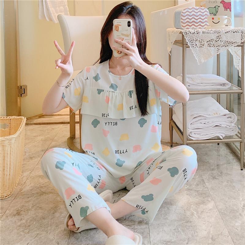 Artificial Cotton Pajamas Women's Spring and Summer Anti-bump Cotton and Silk Loungewear Suit Summer Cute Plaid Large Size Pajamas Outside Wear
