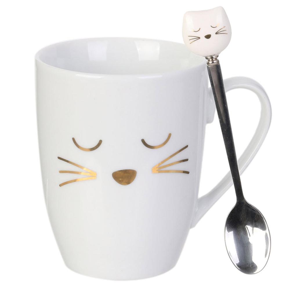 Les Trésors De Lily [R2423] - Mug porcelaine 'Chats' blanc (avec cuillère) - 30 cl