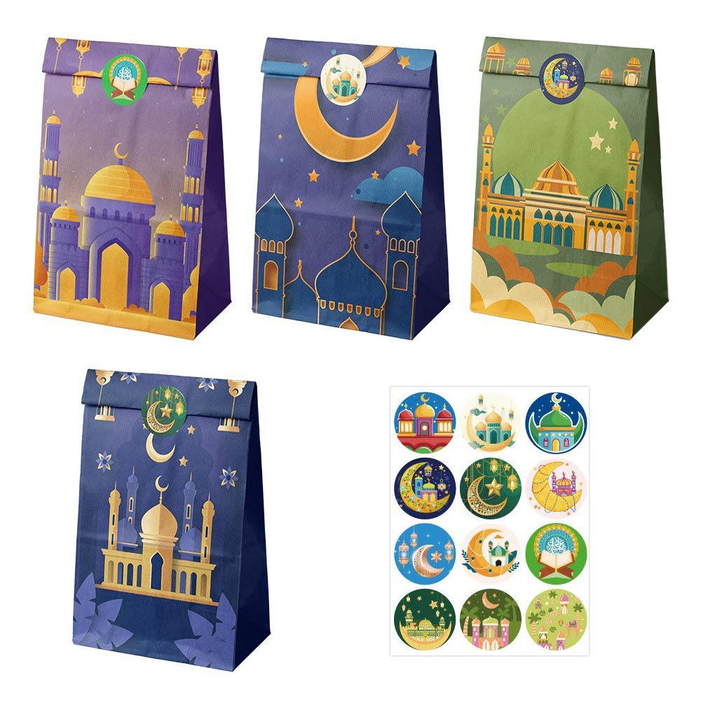 

12PCS Eid Al-Fitr Ramadan Flat Open Bag Kraft Paper Multicolor Candy Bag Mixed Pattern with Stickers Packing Bag Eid Mubarak 5x5x5cm