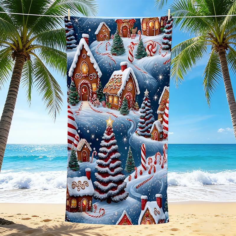 1Pc Gingerbread Village Winter Night Beach Towel, Quick Dry, Multi-Use for Beach Pool Gym Yoga Home Travel, Christmas, Halloween, Xmas Gift S27