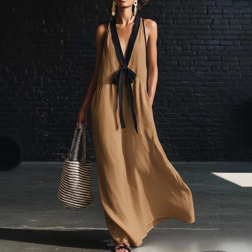 Women Deep V Neck Long Dress Sleeveless Patchwork Design Flowy Casual Elegant Maxi Dress for Daily Wear Beach Holiday