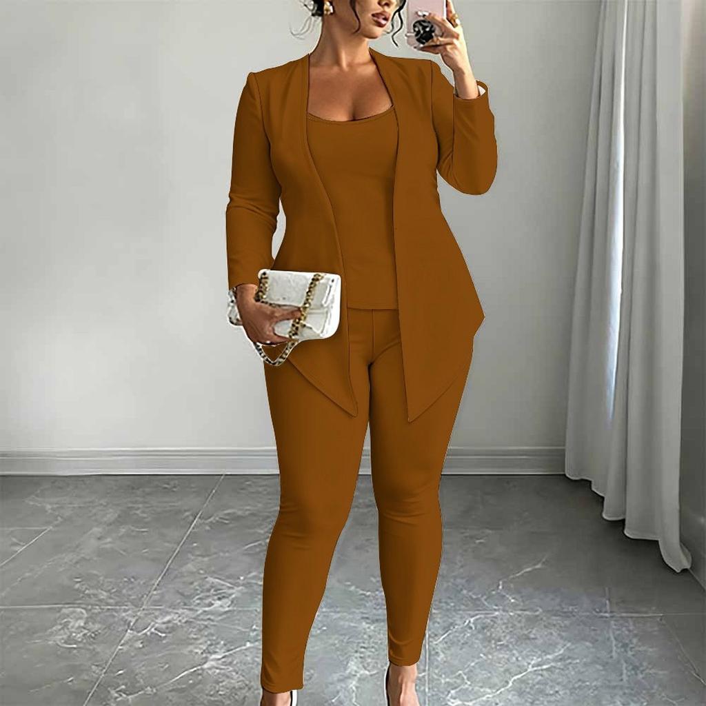 Plus Size Geometric Pattern Print 3 Piece Outfit, Long Sleeve Open Front Cardigan Cami Top Leggings Set for Women
