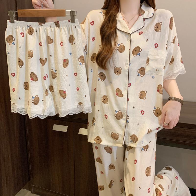 Sweet Cartoon Bear Short-Sleeved Cloud Cotton Pajamas Women'S Summer Gentle Lace Loungewear Three-Piece Set