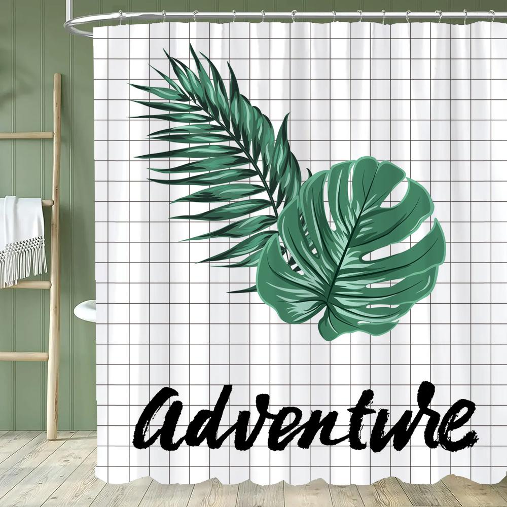 Simple Leaf Pattern Shower Curtain, Bathroom Decorative Leaves Shower Curtains, Home Printed Polyester Fabric Curtain with Hooks