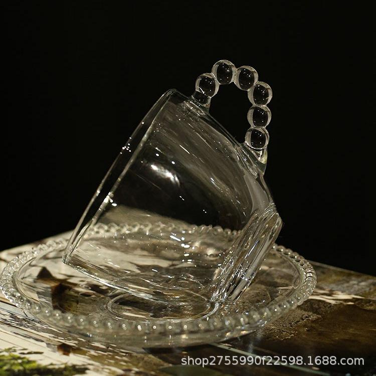 Mittelalterlicher Stil Transparenter Glasperlengriff Glasbecher Methode Kaffeetasse Untertasse Milchbecher Wasserbecher Mädchenherz Schlicht