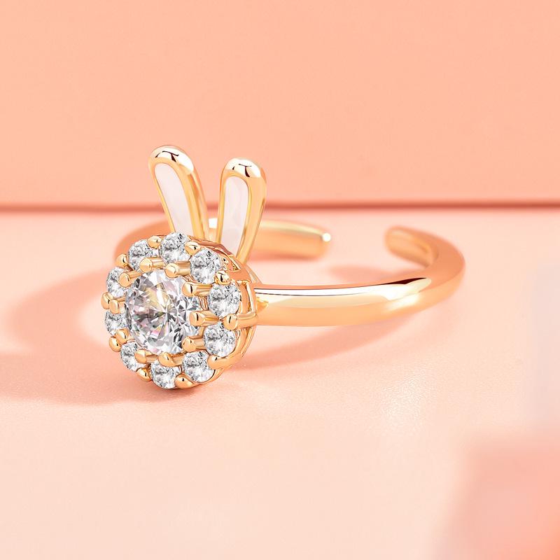 Douyin Women's Cute Rabbit Zirconia Rotatable Open Ring - Light Luxury Niche Design for Index Finger