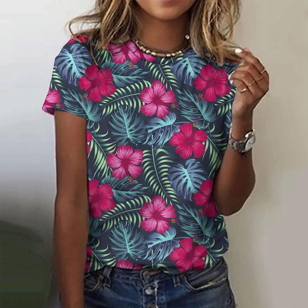 

2025 новая женская футболка с короткими рукавами и круглым вырезом с европейским и американским цветочным принтом 3D, свободный и универсальный повседневный женский топ 8XL