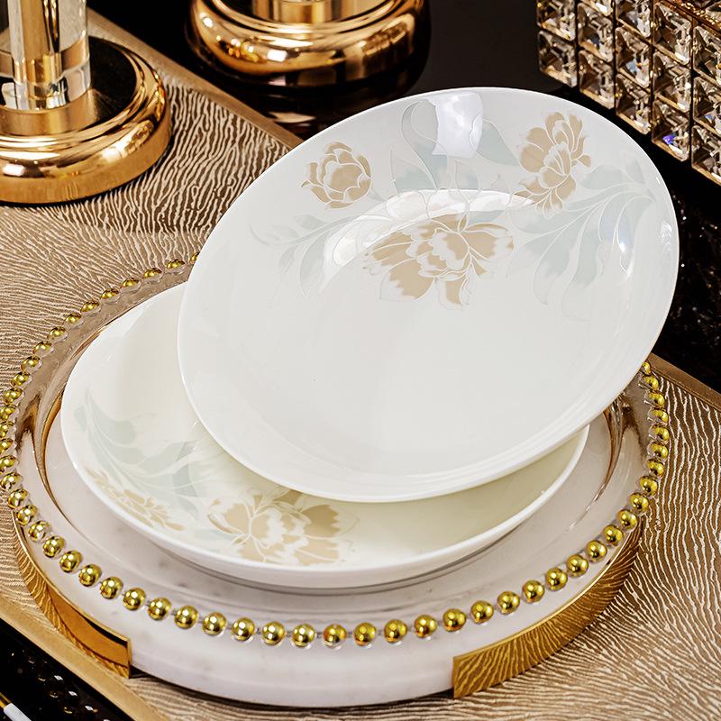 Chinese-Style Ceramic Bone China Bowl Set: Large Soup & Noodle, Rice Bowls, Plates, and Hat Bowl.