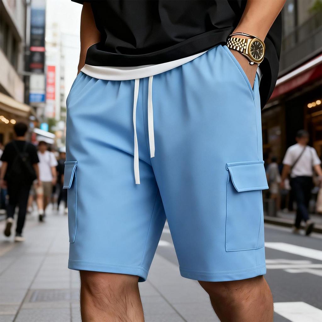 Men’s Casual Drawstring Waist Cargo Shorts with Multiple Pockets Relaxed Mid-Length Pants for Daily Wear