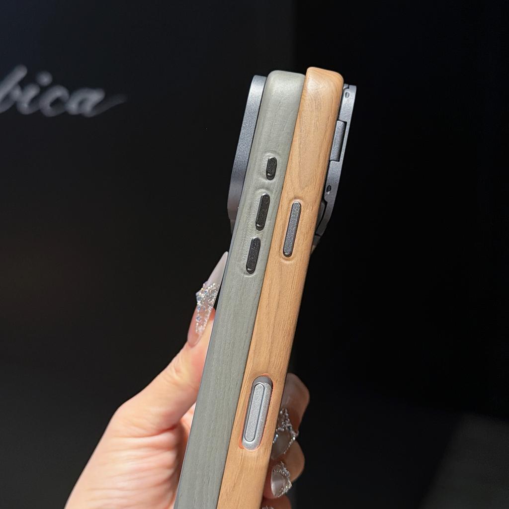 Simple Magnetic Wood Grain PC Phone Case for iPhone 17 Pro Max 16 Pro 15 Camera Stand Comfortable Grip Shockproof Slim Cover